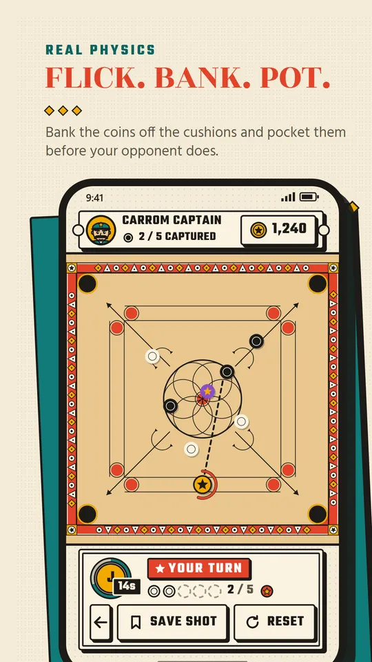 Carrom Bazaar game screen: a carrom board with coins and a striker