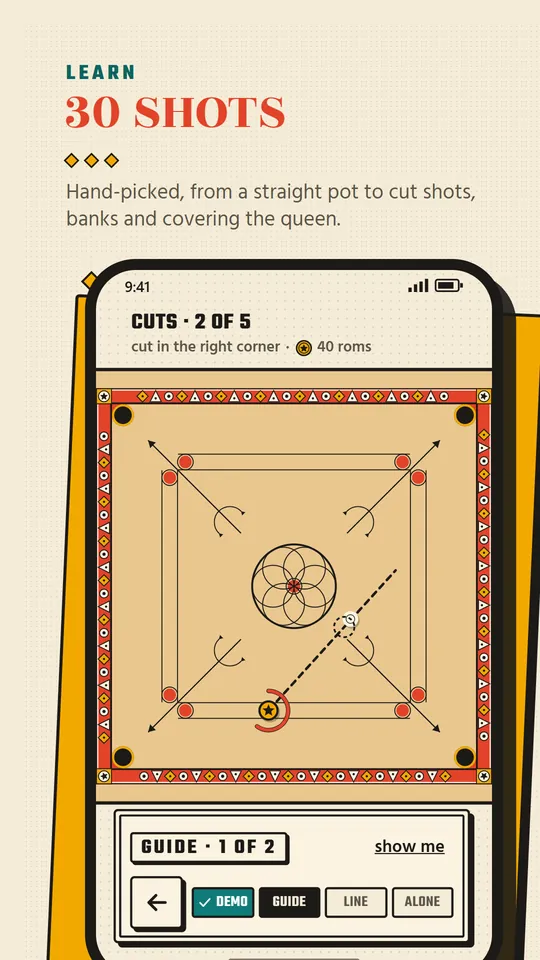 Carrom Bazaar learn screen with hand-picked shots
