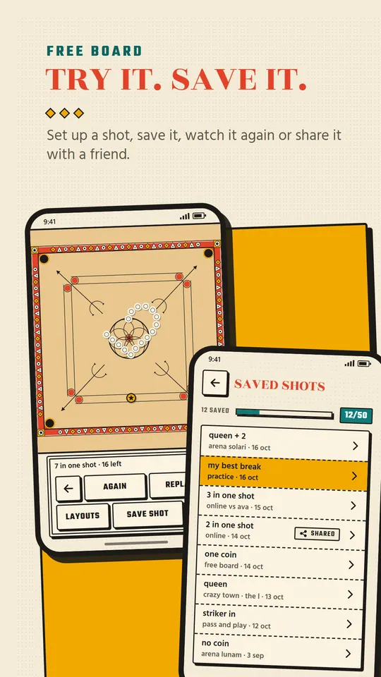 Carrom Bazaar free board and saved shots screen